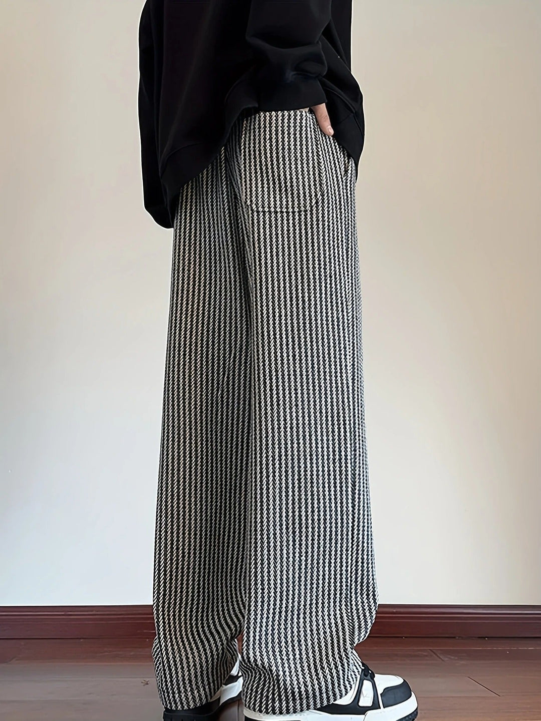 Men's Wide Leg Pants - Herringbone Pattern - Drawstring Waist