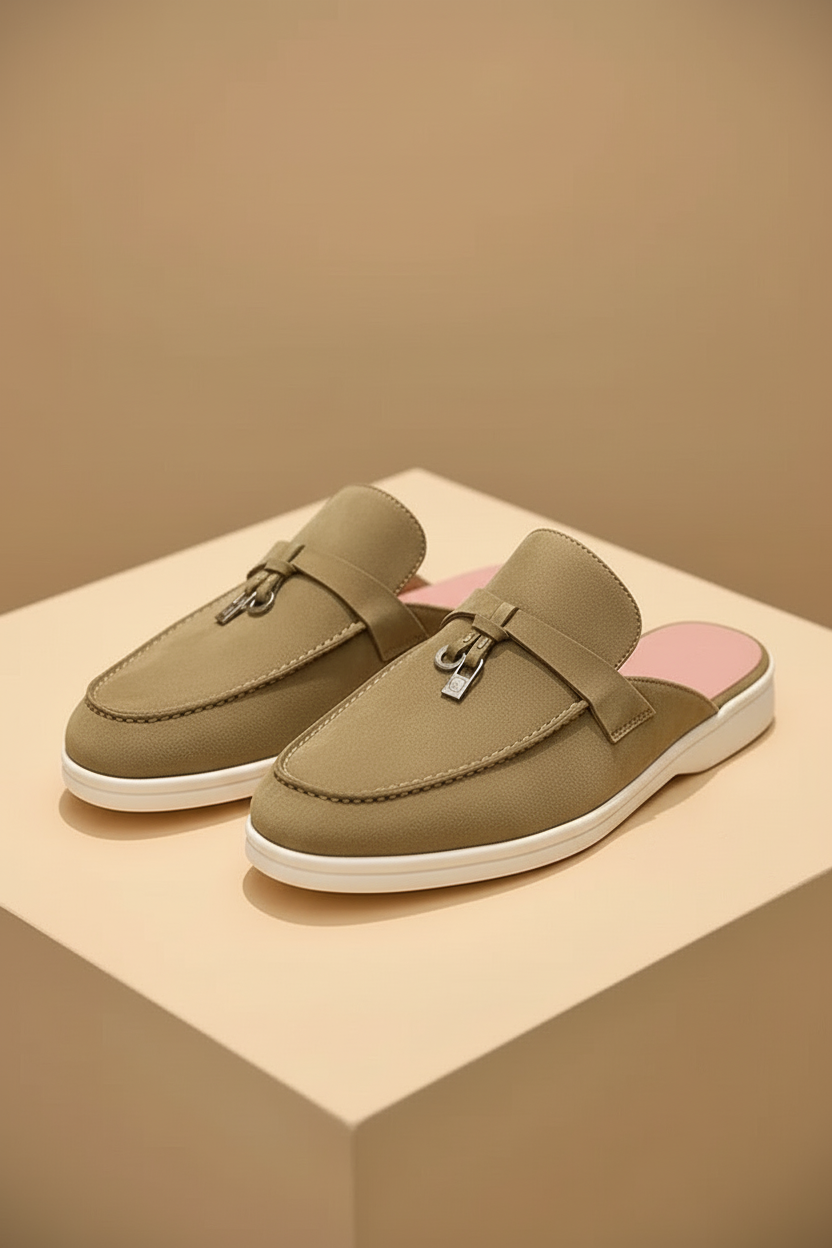 Women's Suede Mule Loafers - Metal Bit Detail - Flat White Sole