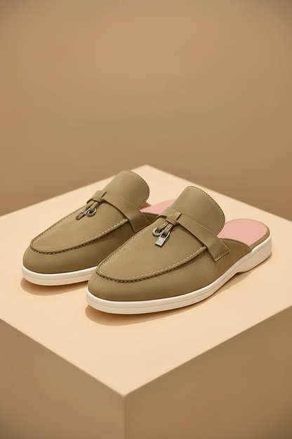 Women's Suede Mule Loafers - Metal Bit Detail - Flat White Sole