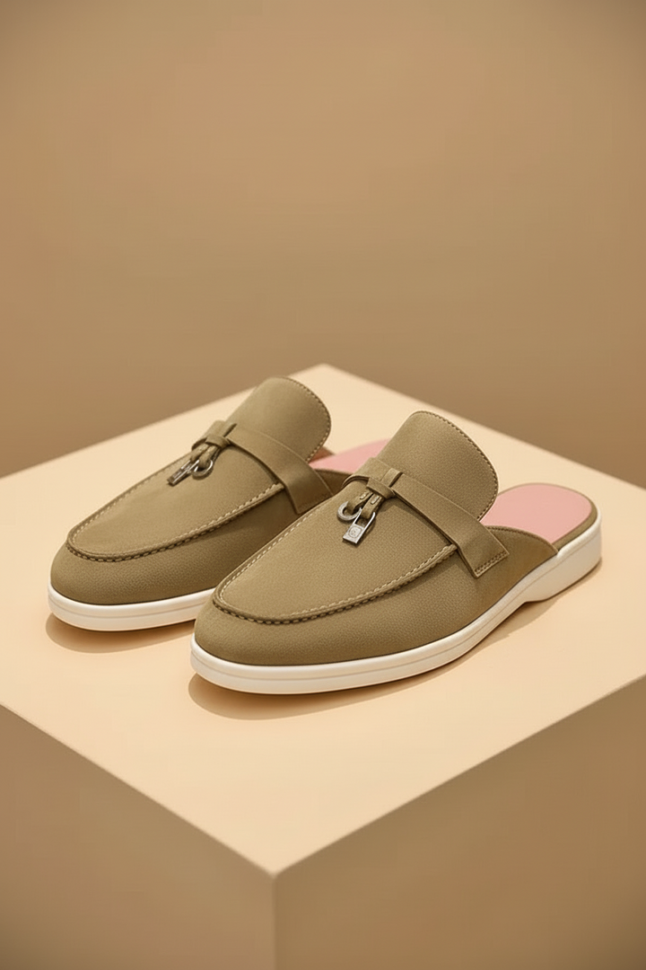 Women's Suede Mule Loafers - Metal Bit Detail - Flat White Sole
