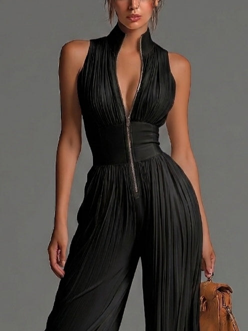 Black Sleeveless V-Neck Pleated Wide-Leg Chiffon Jumpsuit with Zip-Up Detail