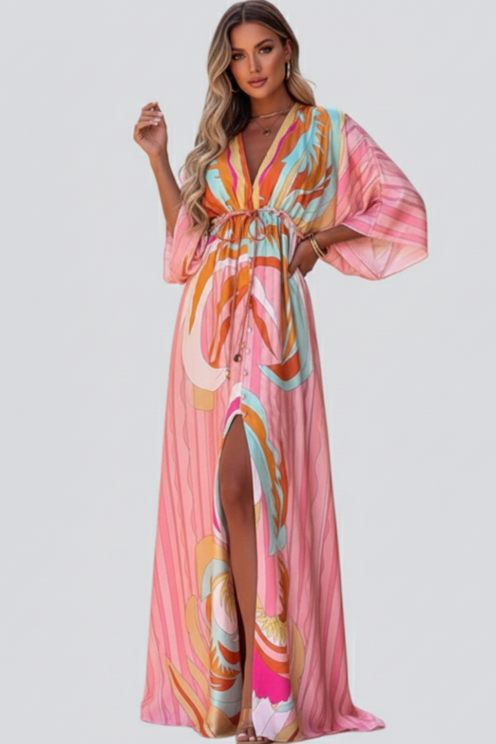 Women’s Pink Maxi Dress with V Neckline Drawstring Waist and Front Split