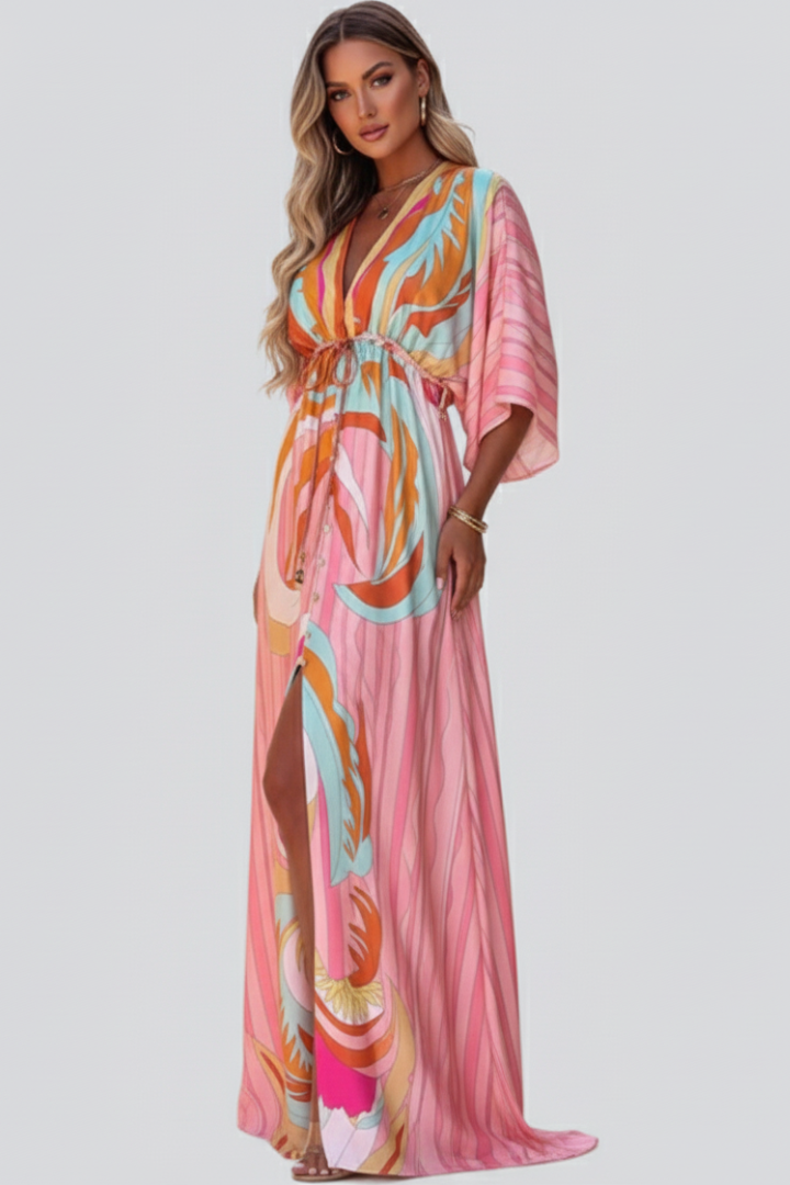 Women’s Pink Maxi Dress with V Neckline Drawstring Waist and Front Split