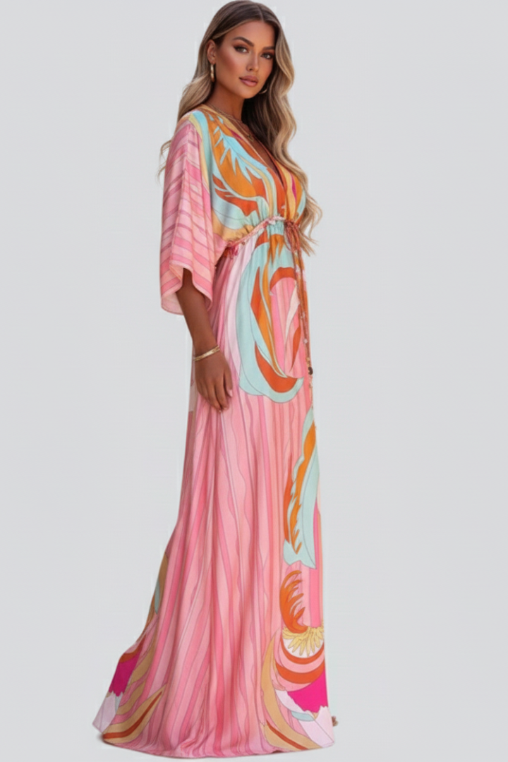 Women’s Pink Maxi Dress with V Neckline Drawstring Waist and Front Split