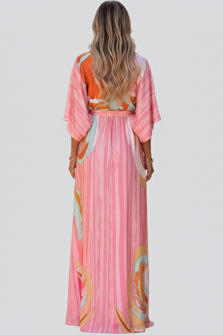 Women’s Pink Maxi Dress with V Neckline Drawstring Waist and Front Split
