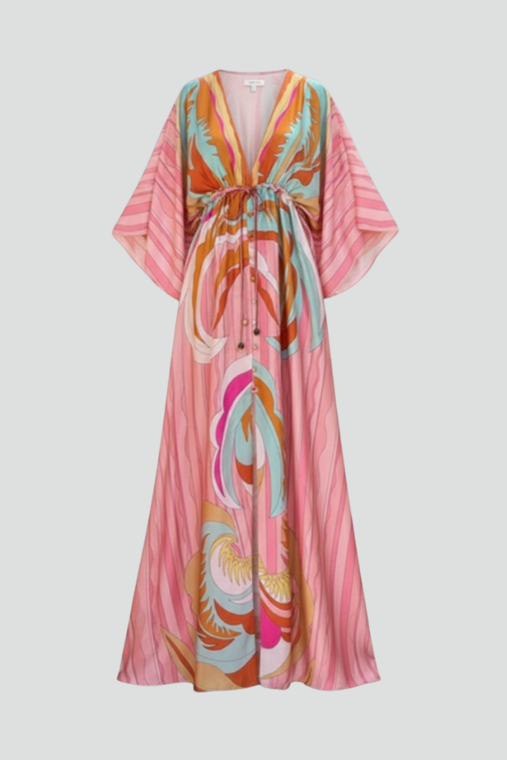 Women’s Pink Maxi Dress with V Neckline Drawstring Waist and Front Split
