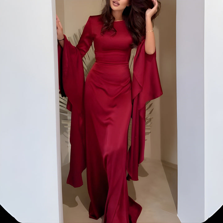 Women's Formal Maxi Dress - Flare Sleeve - Draped Skirt - Fitted