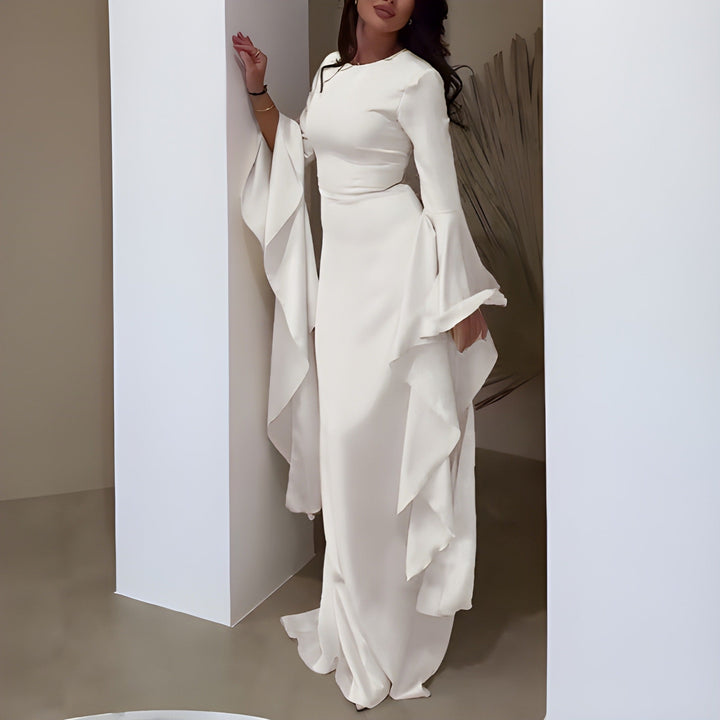 Women's Formal Maxi Dress - Flare Sleeve - Draped Skirt - Fitted