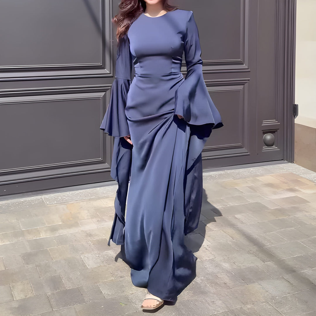 Women's Formal Maxi Dress - Flare Sleeve - Draped Skirt - Fitted