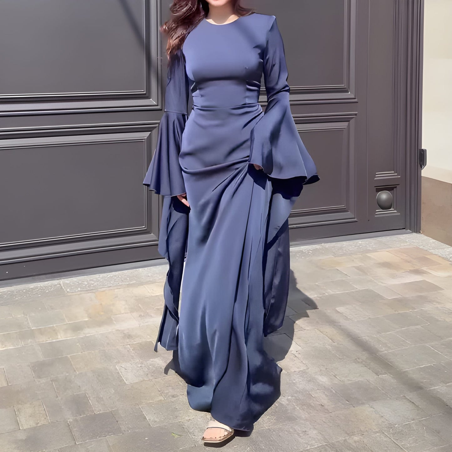 Women's Formal Maxi Dress - Flare Sleeve - Draped Skirt - Fitted