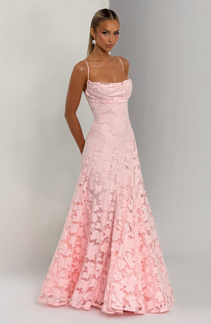 Women's Formal Maxi Dress - Spaghetti Strap Floral Lace-Up Back