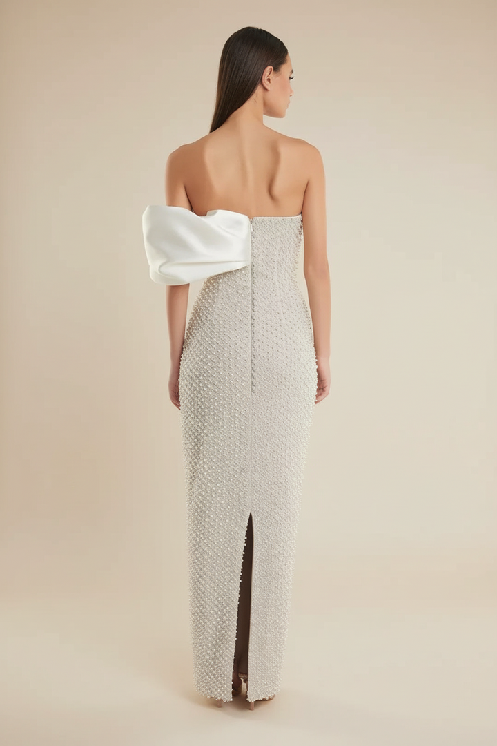 Women's White Strapless Pearl Embellished Maxi Dress - Bow Detail - Back Split