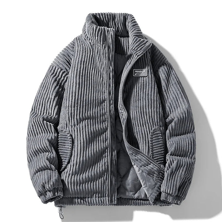 Men's Corduroy Puffer Jacket - Stand Collar - Full Zip - Padded