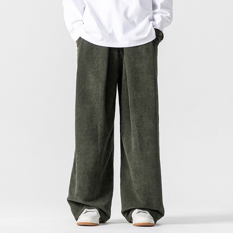 Men's Wide Leg Pants - Pleated Elasticated Waist with Button Closure