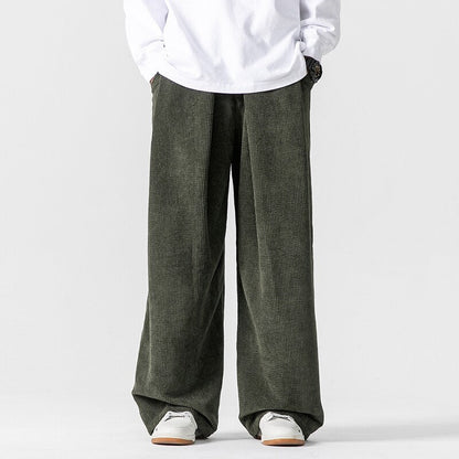 Men's Wide Leg Pants - Pleated Elasticated Waist with Button Closure