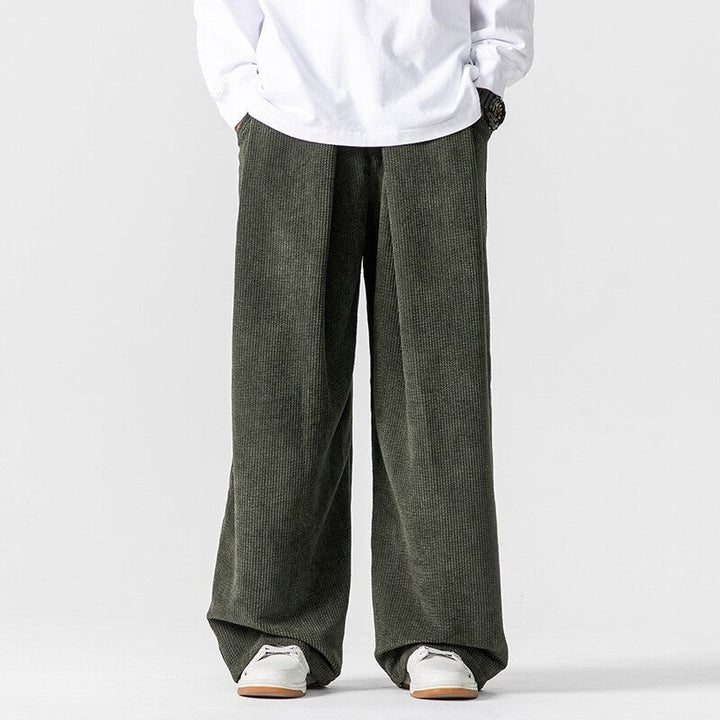 Men's Wide Leg Pants - Pleated Elasticated Waist with Button Closure