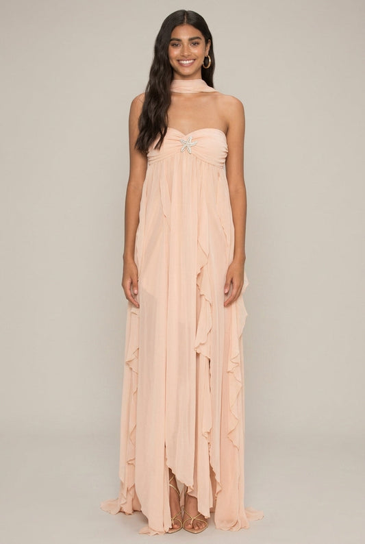 Women's Halter Maxi Dress - Strapless - Ruffle Tiers - High Slit