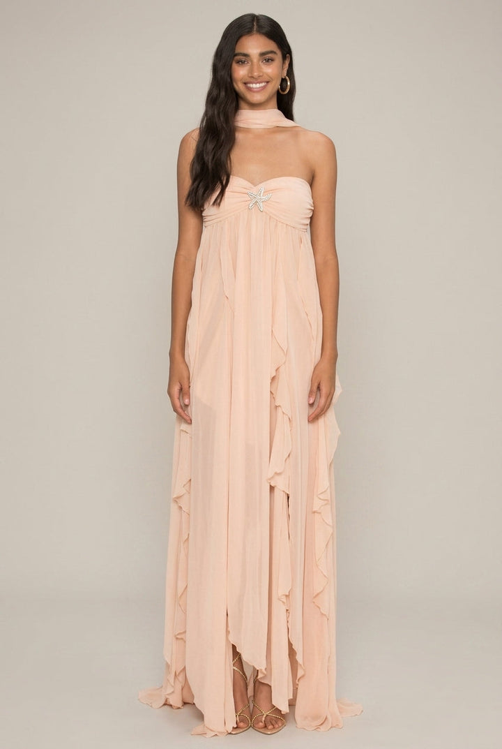 Women's Halter Maxi Dress - Strapless - Ruffle Tiers - High Slit