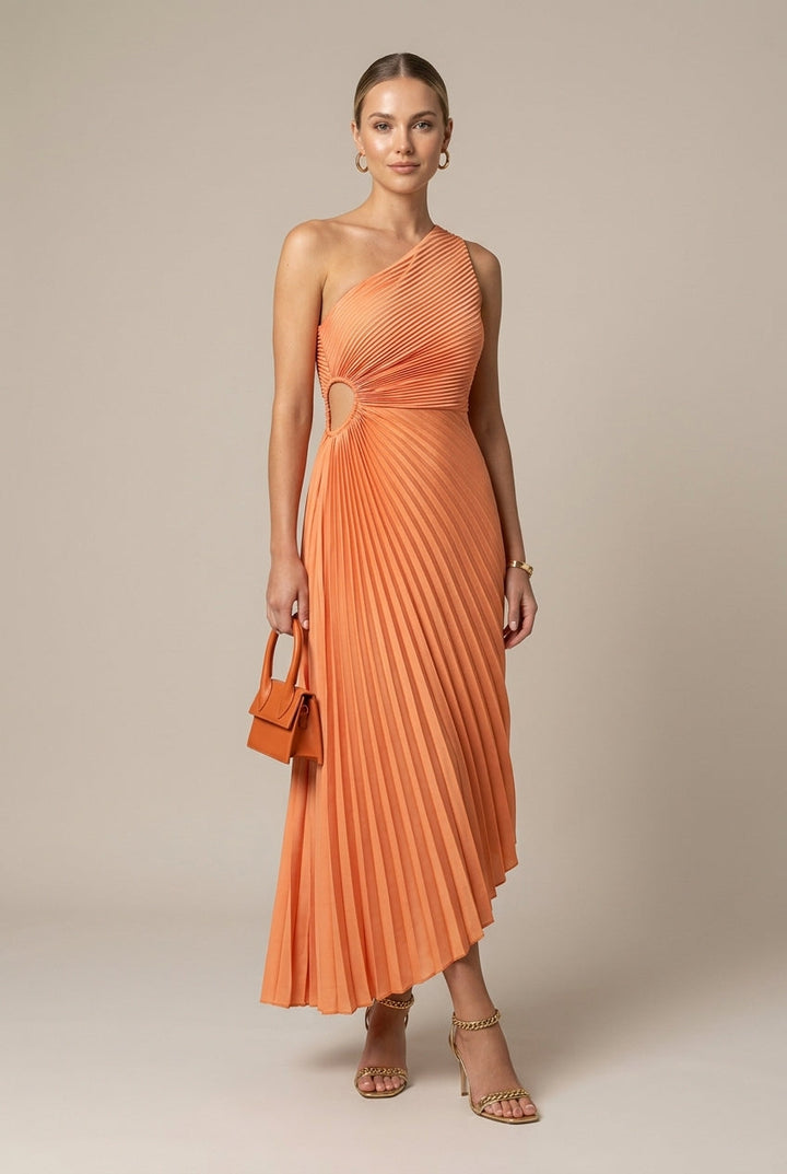 Women's One Shoulder Pleated Maxi Wedding Guest Dress