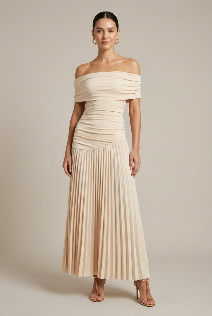 Women's Off Shoulder Pleated Wedding Guest Maxi Dress - Ruched Bodice