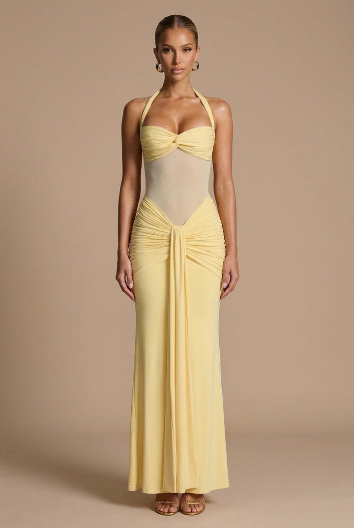 Women's Halter Neck Ruched Maxi Dress - Sheer Panel