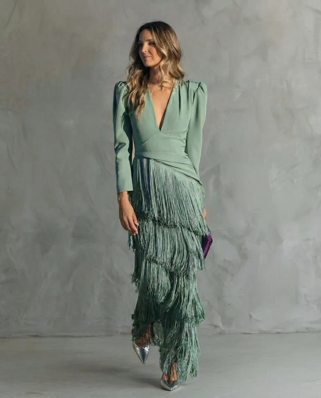 Women's Deep V-Neck Long Sleeve Tiered Fringe Maxi Dress