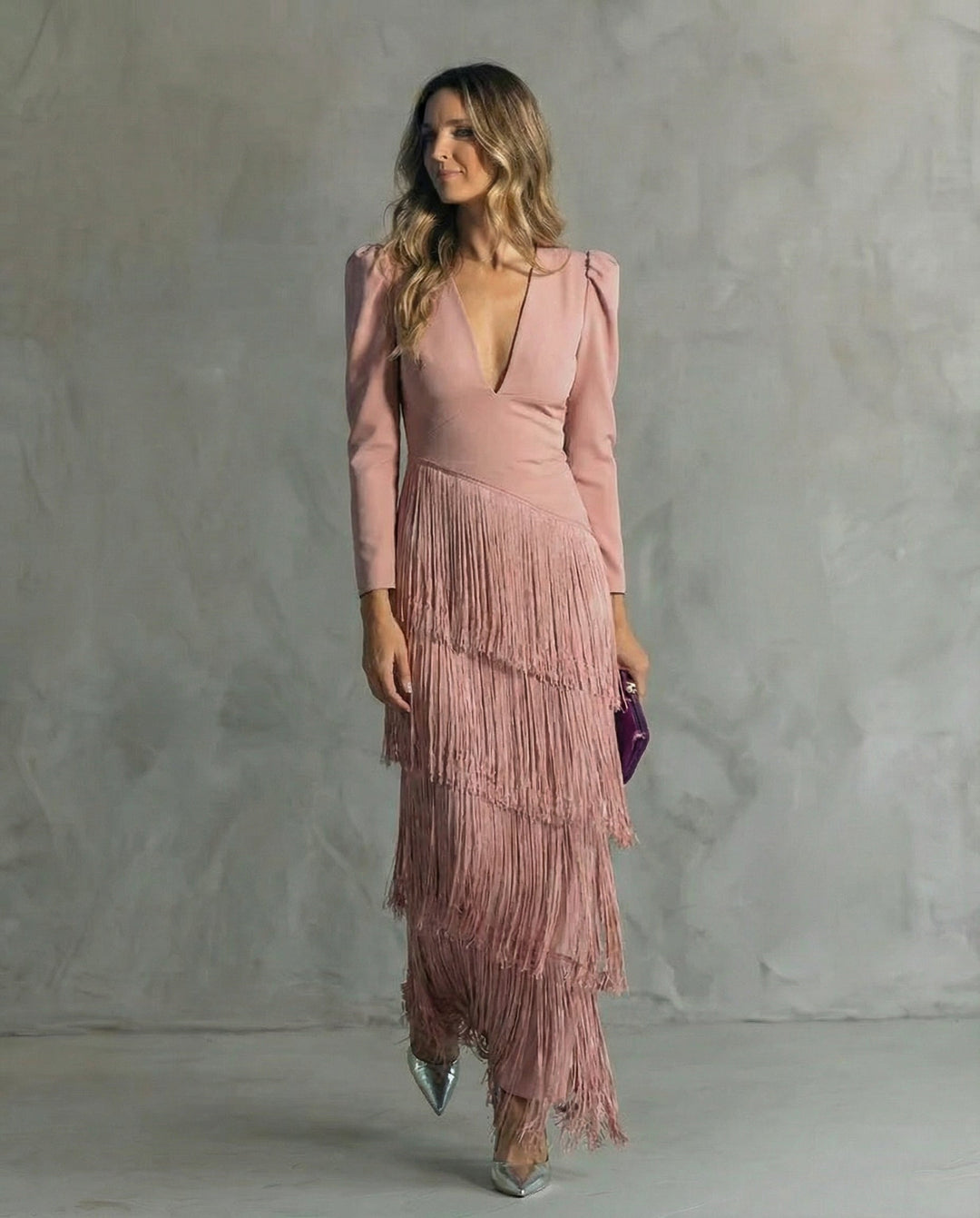 Women's Deep V-Neck Long Sleeve Tiered Fringe Maxi Dress