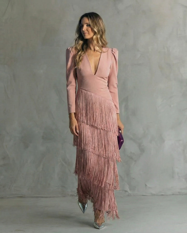 Women's Deep V-Neck Long Sleeve Tiered Fringe Maxi Dress