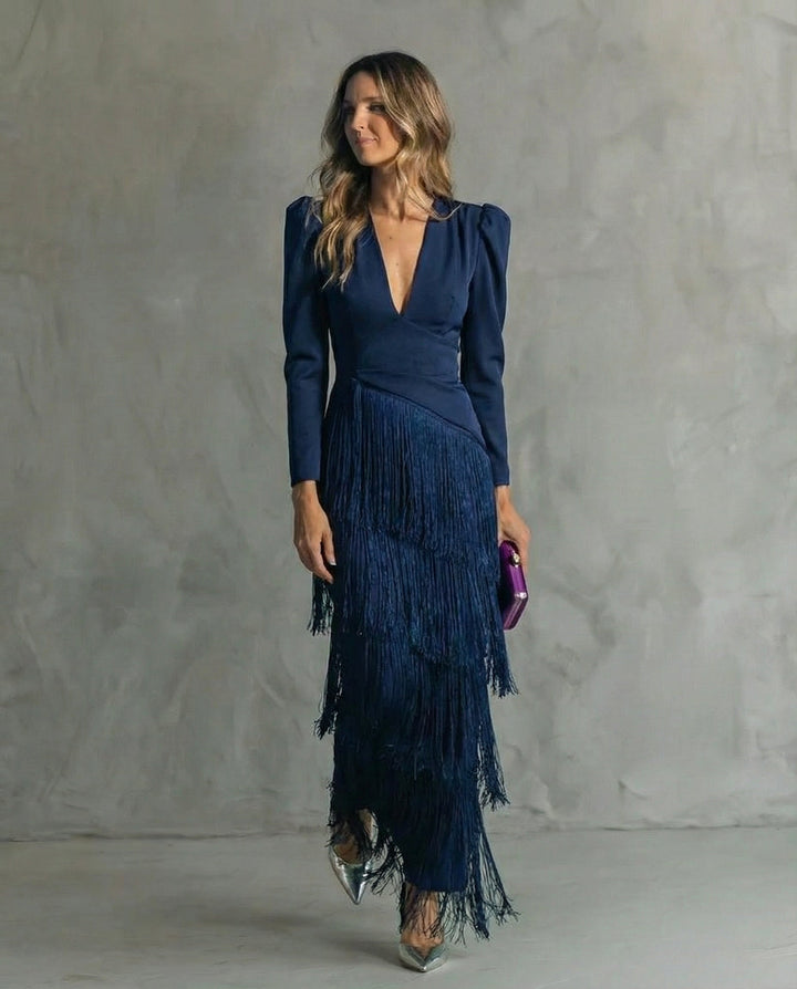 Women's Deep V-Neck Long Sleeve Tiered Fringe Maxi Dress