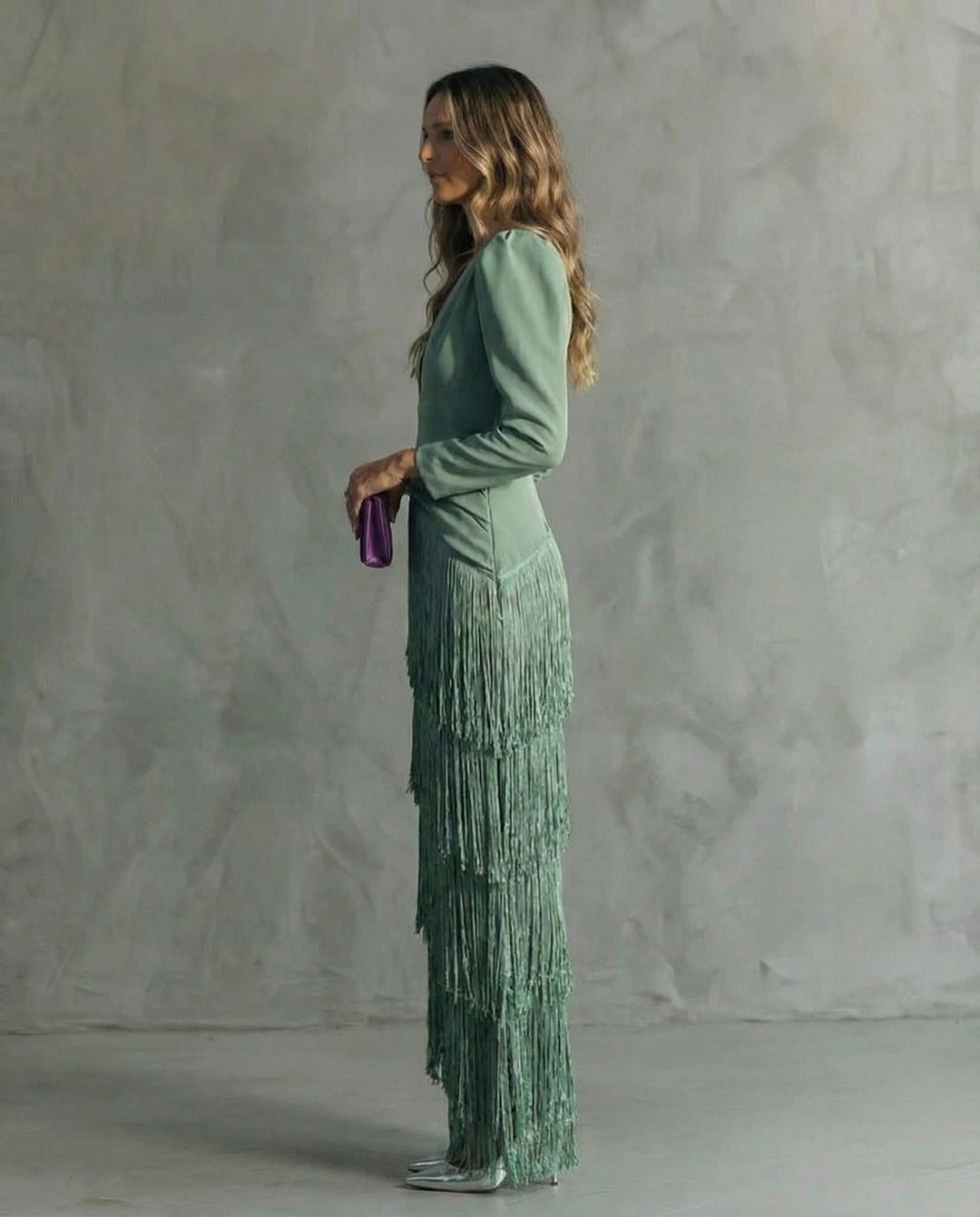 Women's Deep V-Neck Long Sleeve Tiered Fringe Maxi Dress