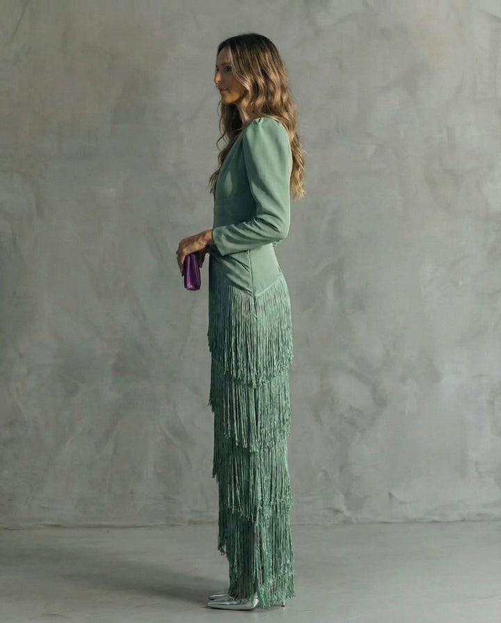 Women's Deep V-Neck Long Sleeve Tiered Fringe Maxi Dress