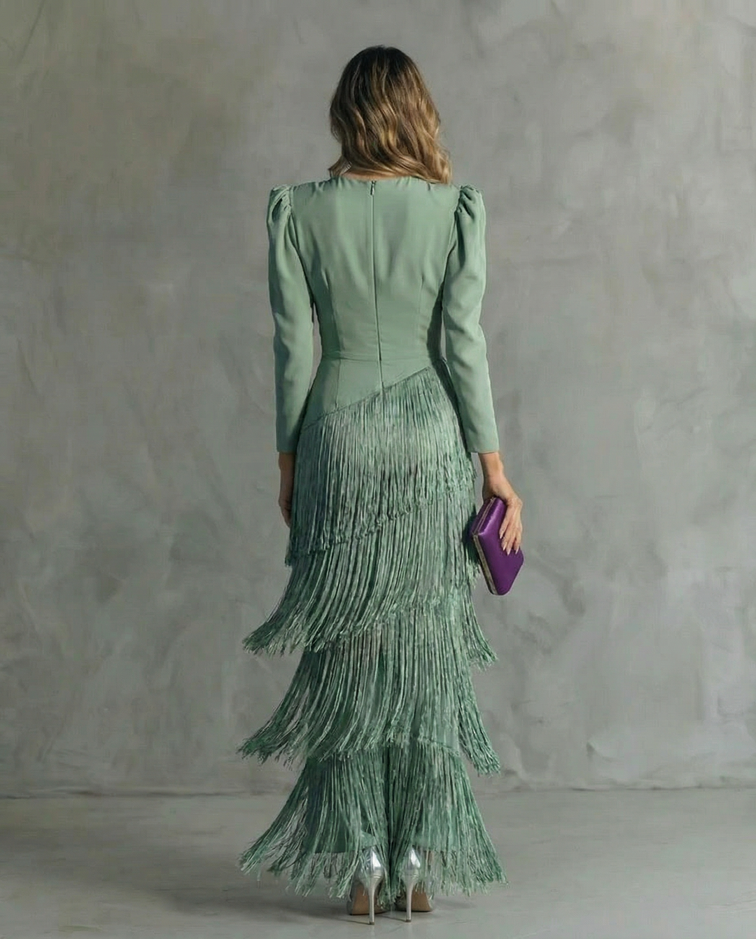 Women's Deep V-Neck Long Sleeve Tiered Fringe Maxi Dress