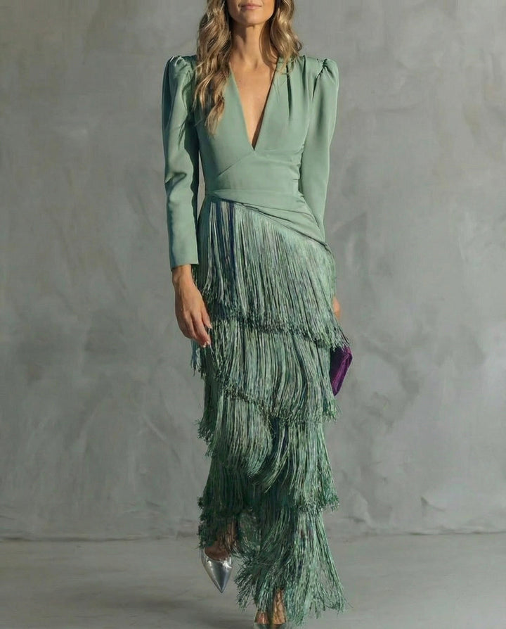 Women's Deep V-Neck Long Sleeve Tiered Fringe Maxi Dress