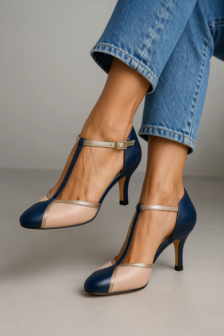 Women's Colour Block Stilettos - Closed Toe T-Bar Strap Heel with Contrast Panel Detail