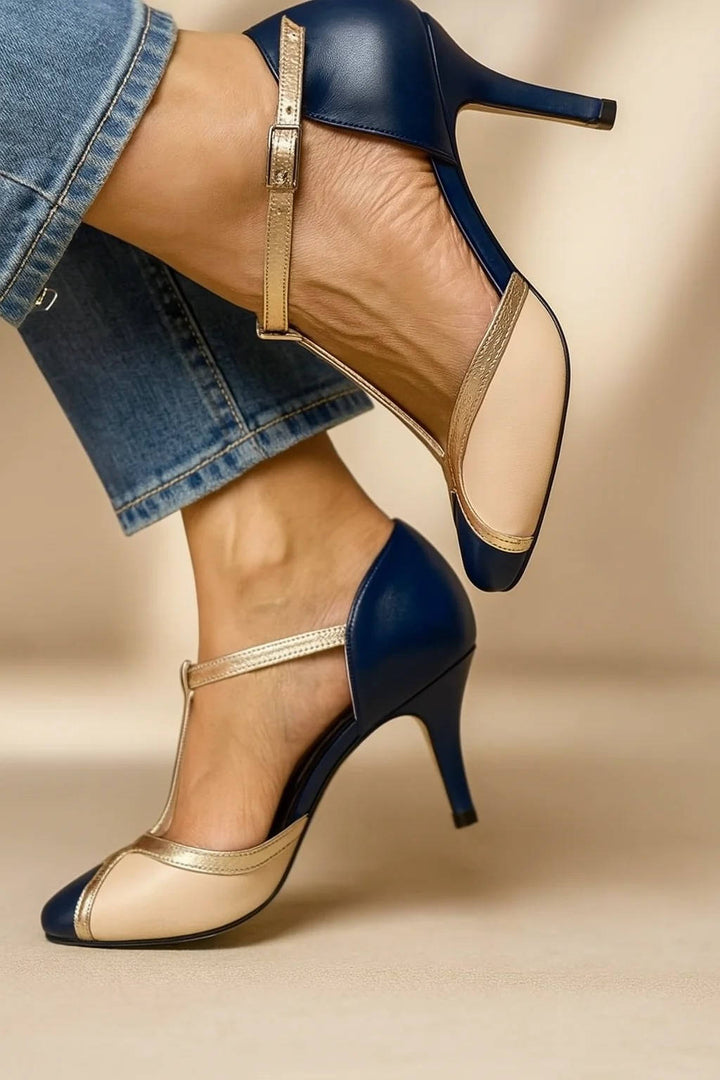 Women's Colour Block Stilettos - Closed Toe T-Bar Strap Heel with Contrast Panel Detail