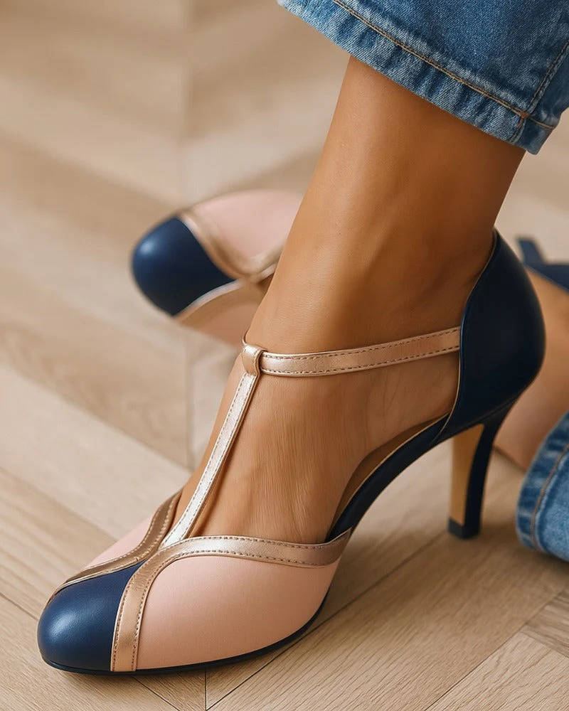 Women's Colour Block Stilettos - Closed Toe T-Bar Strap Heel with Contrast Panel Detail