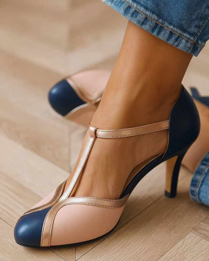 Women's Colour Block Stilettos - Closed Toe T-Bar Strap Heel with Contrast Panel Detail