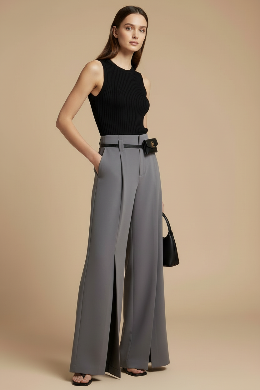 Women's Wide Leg Pants - High Waist Pleated Front Split Hem