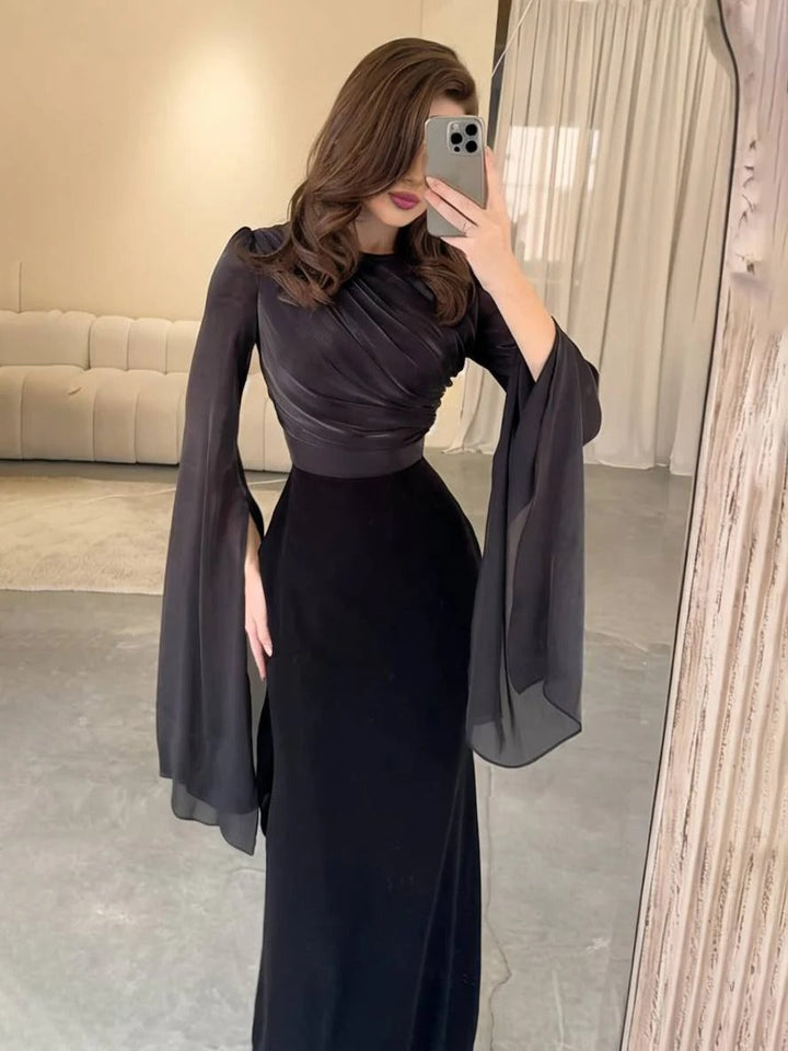 Women's Formal Maxi Dress - Long Sleeve Draped Bodice Fitted Skirt