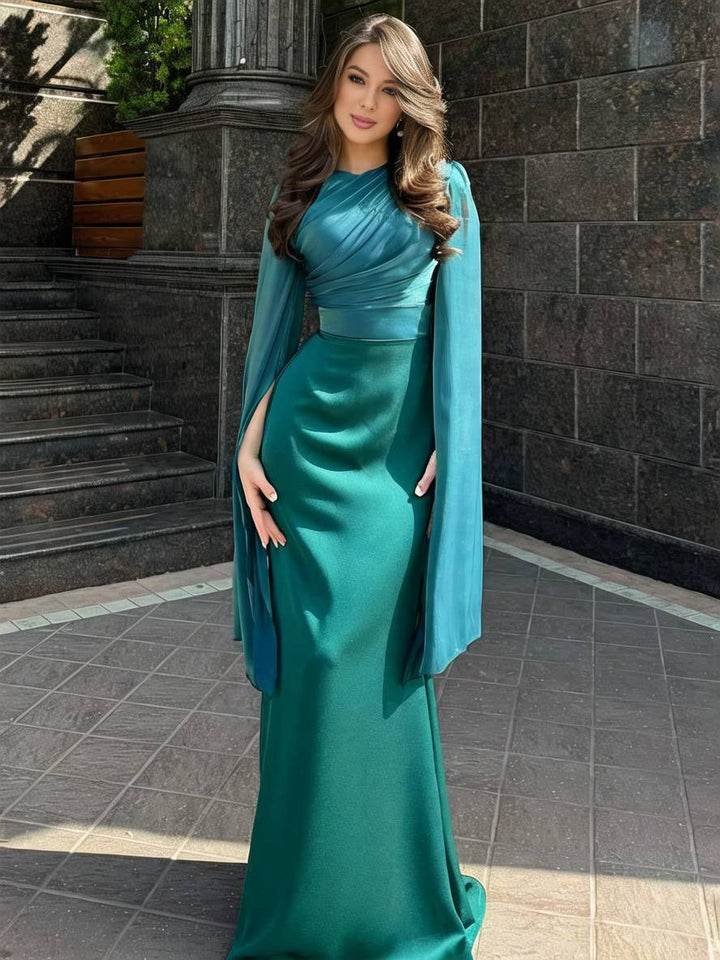 Women's Formal Maxi Dress - Long Sleeve Draped Bodice Fitted Skirt