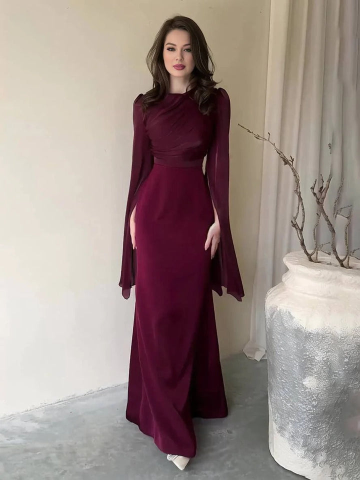 Women's Formal Maxi Dress - Long Sleeve Draped Bodice Fitted Skirt