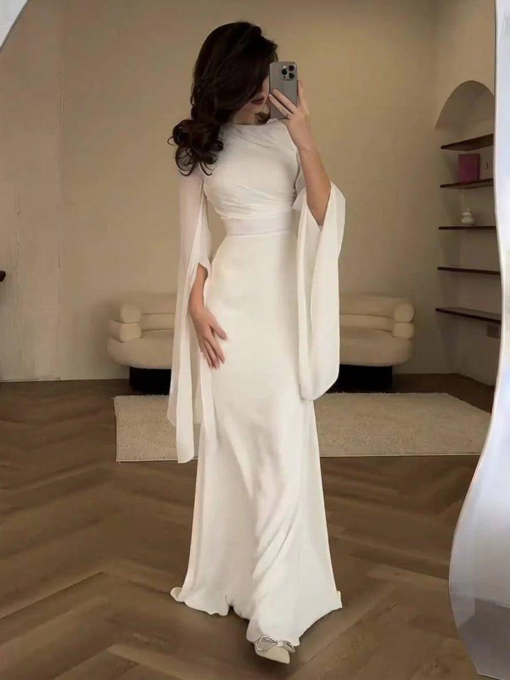 Women's Formal Maxi Dress - Long Sleeve Draped Bodice Fitted Skirt
