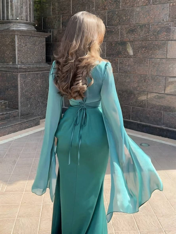 Women's Formal Maxi Dress - Long Sleeve Draped Bodice Fitted Skirt