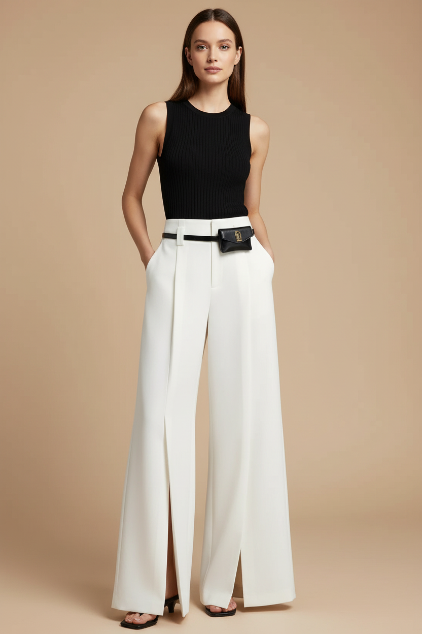 Women's Wide Leg Pants - High Waist Pleated Front Split Hem