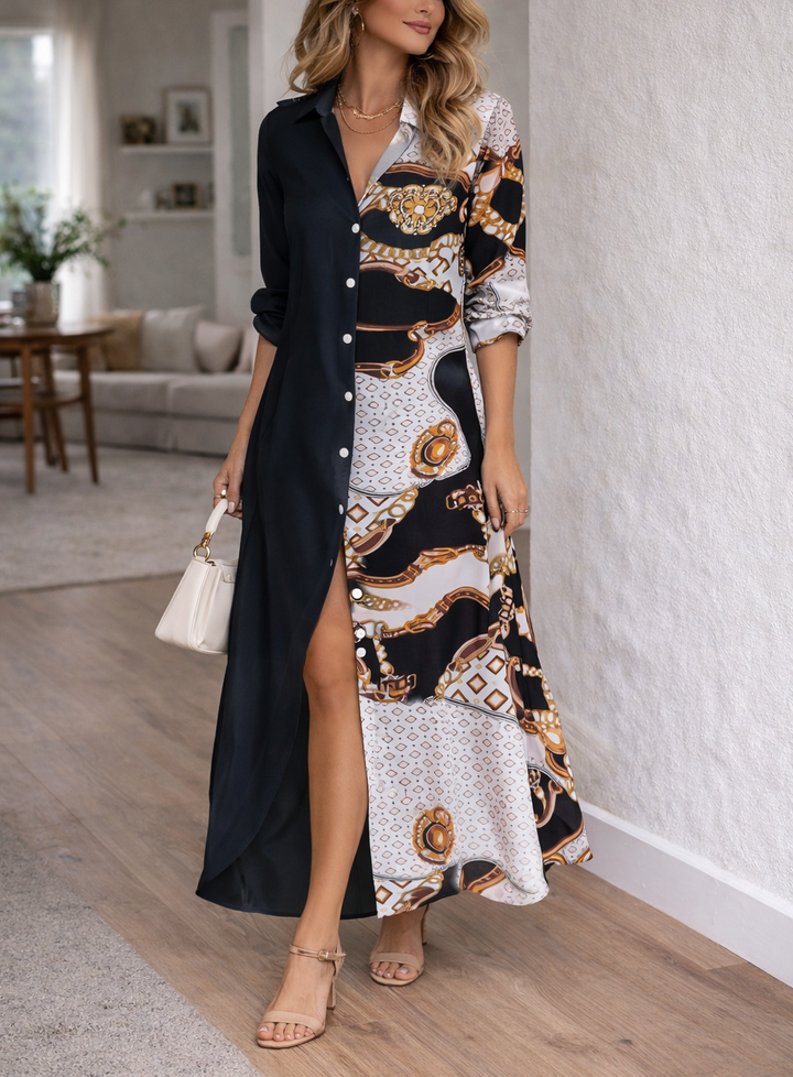 Women's Printed Maxi Dress - Long Sleeve Button Front - Split Hem