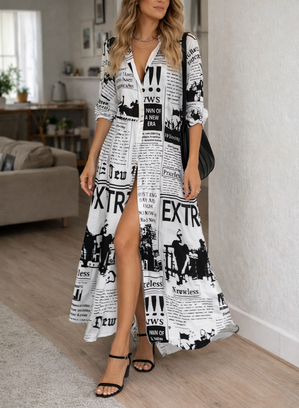 Women's Printed Maxi Dress - Long Sleeve Button Front - Split Hem