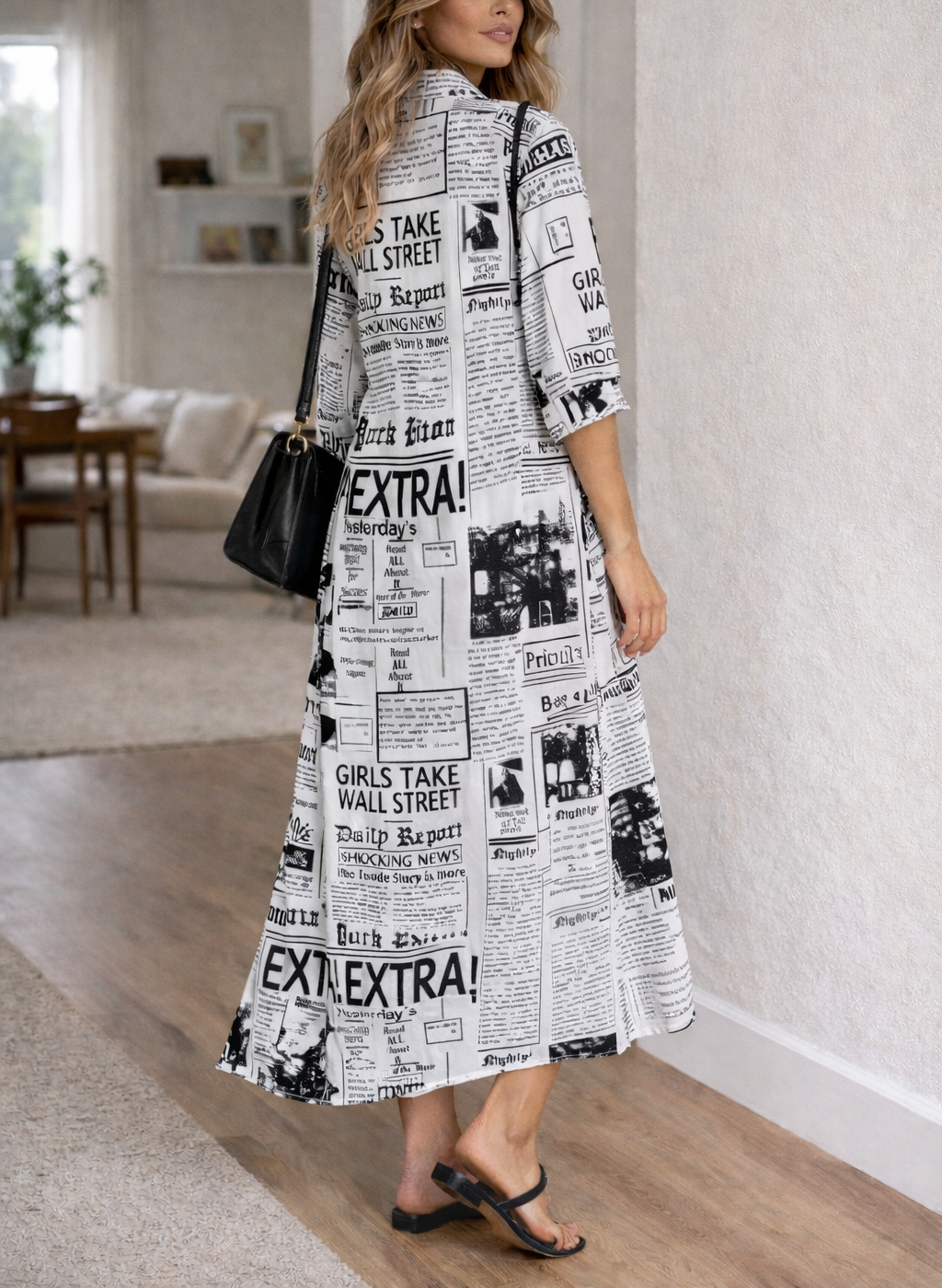 Women's Printed Maxi Dress - Long Sleeve Button Front - Split Hem