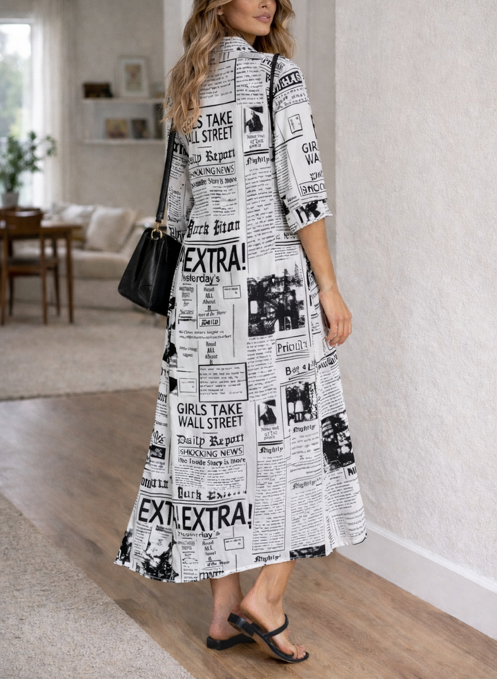 Women's Printed Maxi Dress - Long Sleeve Button Front - Split Hem