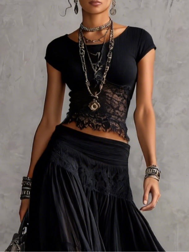 Elegant Black Sheer Lace Top with Pleated Maxi Skirt Set