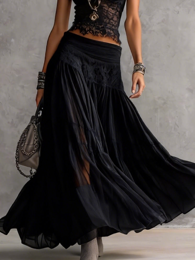 Elegant Black Sheer Lace Top with Pleated Maxi Skirt Set